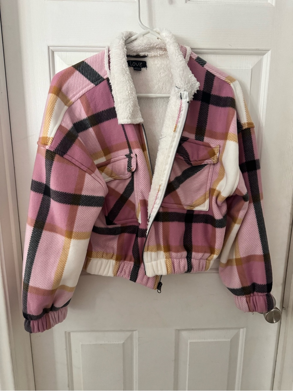 Love Pink Plaid Sherpa Bomber Jacket with Mustard Accents
